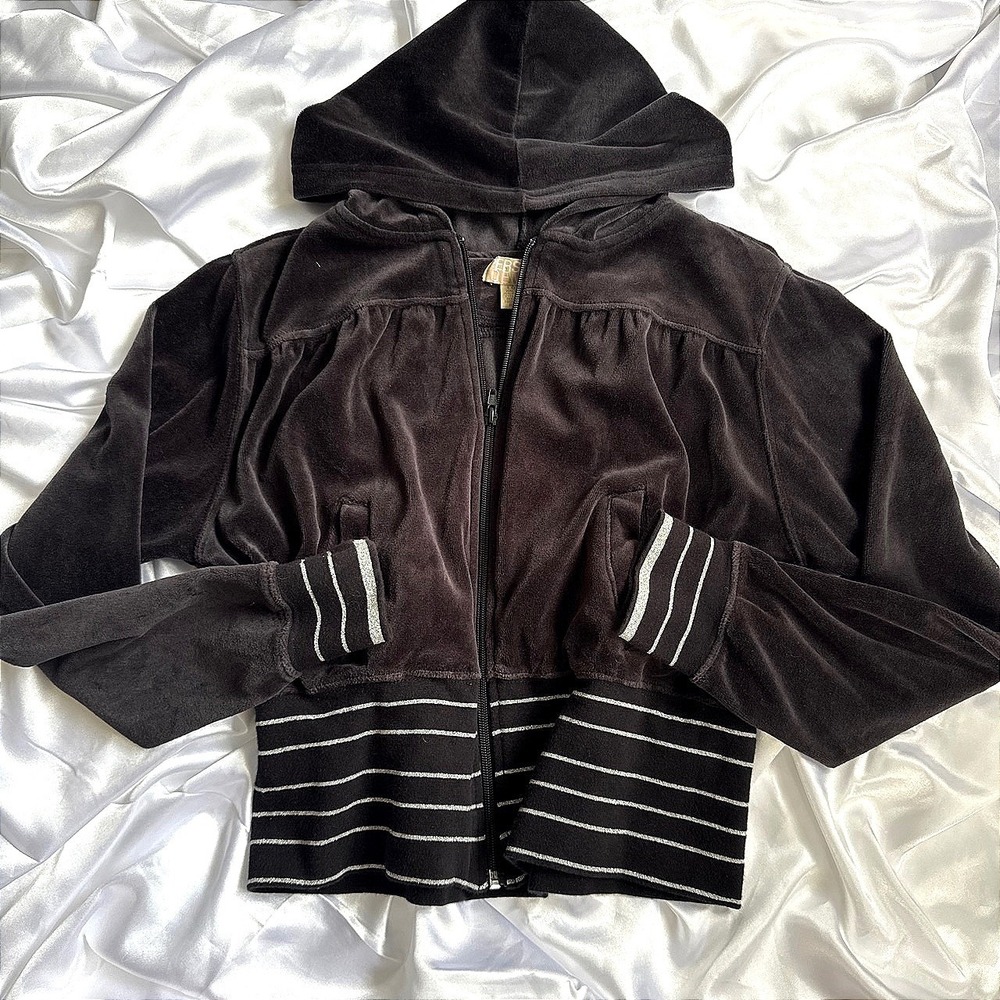 Personal Identity Brown Velour Zip Up Hoodie Metallic Silver Stripe Y2K Size L
